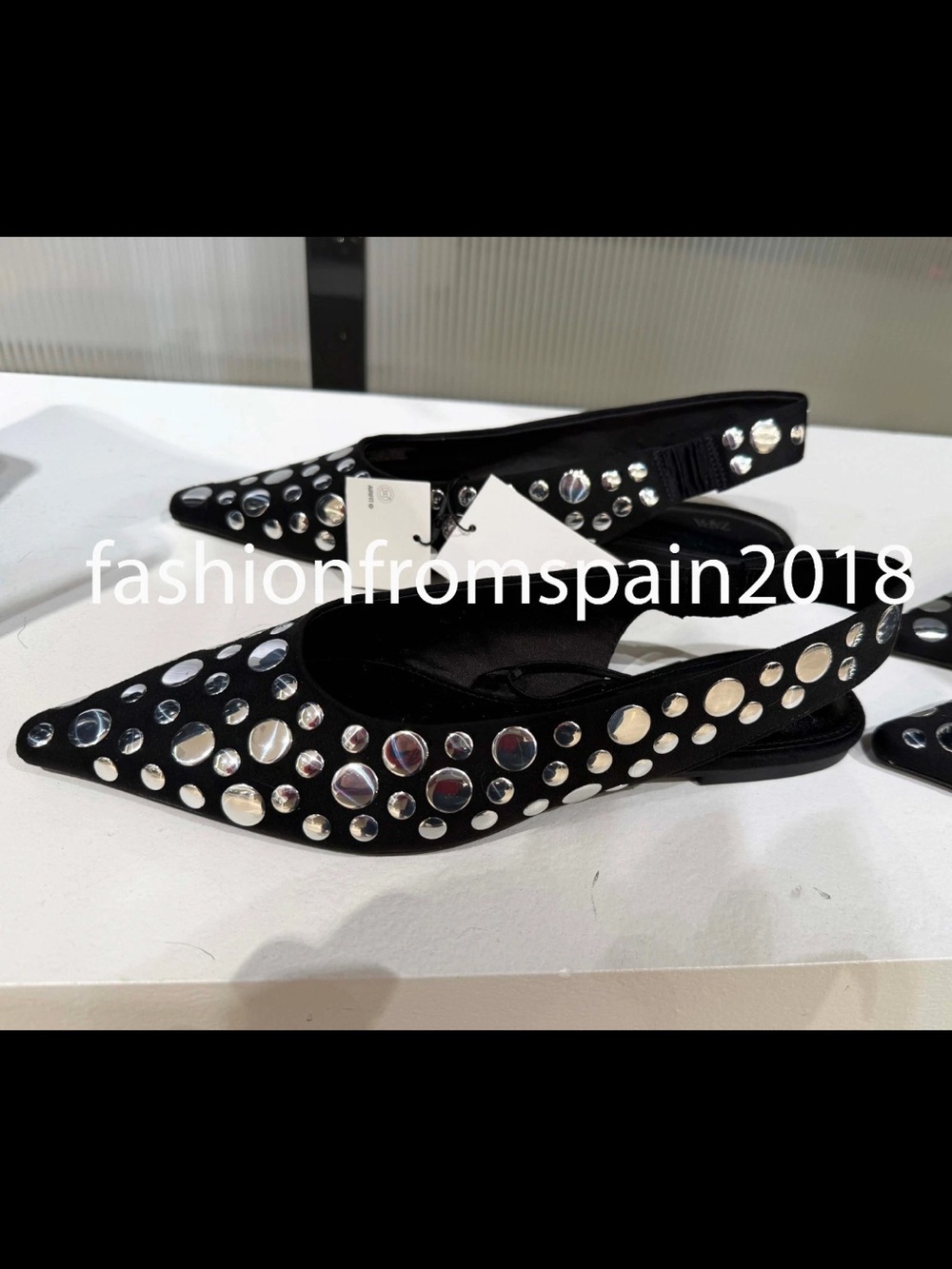 Zara Black Pointed Slingback Flats with Mirror Stud Embellishments